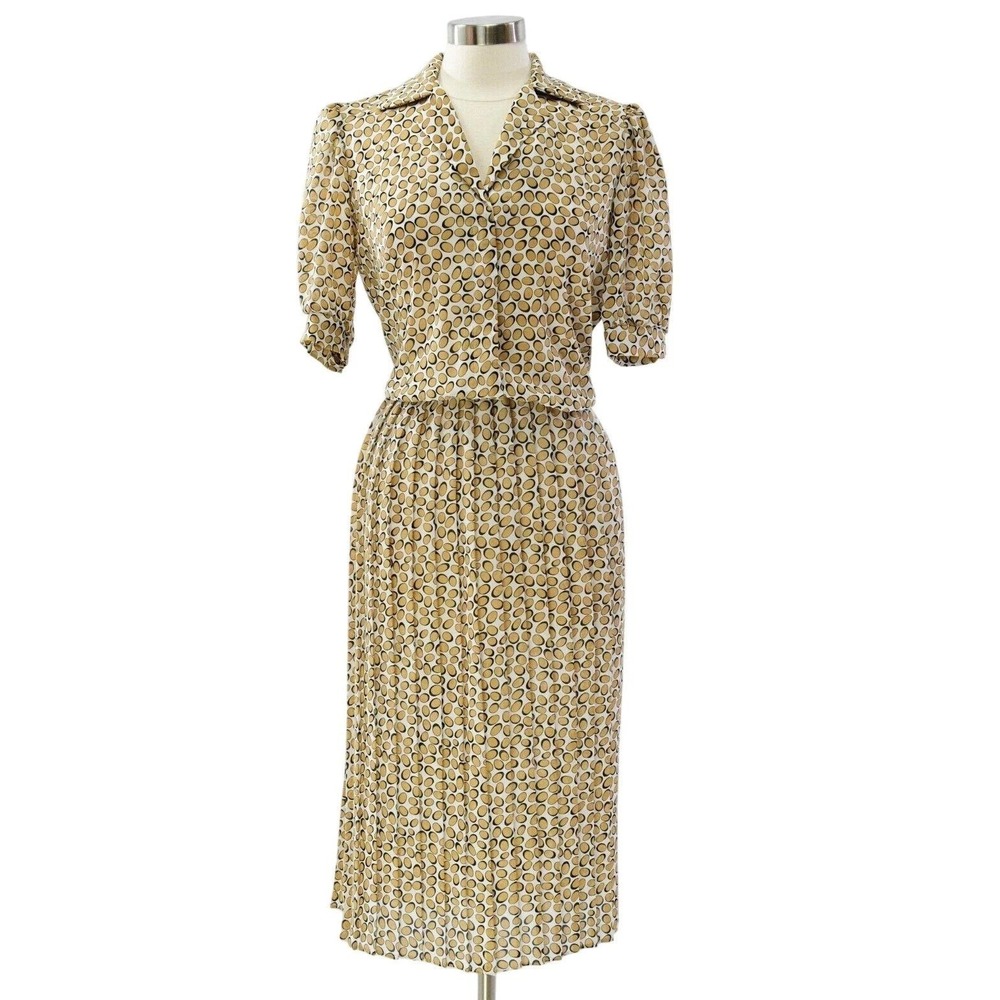 70s Vintage Abstract Print Shirt Dress Pleated Puff Sleeve Tan Black Womens M 10